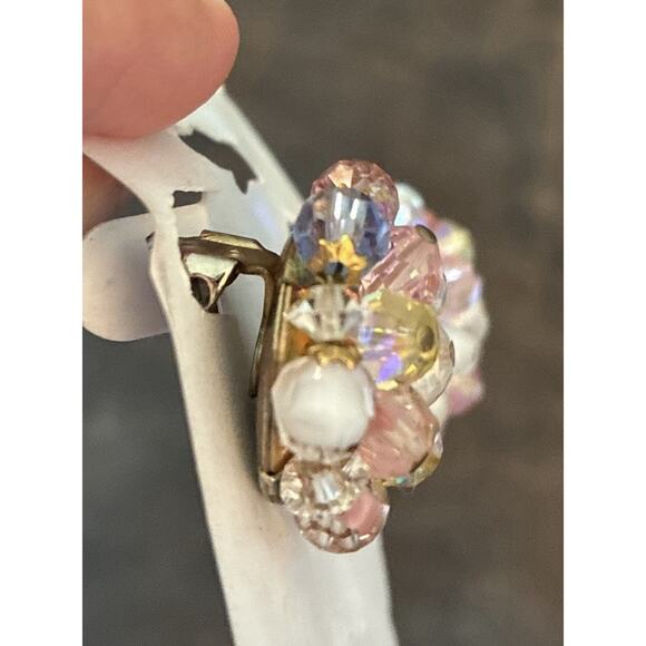 Vtg Laguna Aurora Borealis 1950’s Clip On Blue Pink White Beads Wired Together - Picture 4 of 7